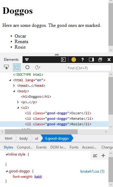 Screen shot of dev tools showing an error