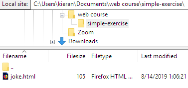 Exercise folder in FileZilla