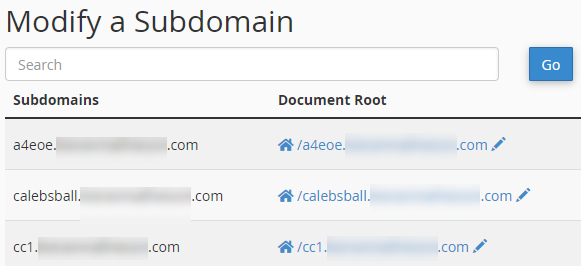 Subdomains screen